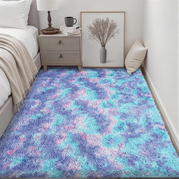 Fluffy 5x7 Area Rugs for Living Room Bedroom: Ultra Soft Shag Rug Non-Slip Non-Shedding Small Plush Bedside Rug Indoor Floor Carpets for Kids Room Playroom Entryway Nursery Dorms Home Rainbow Purple