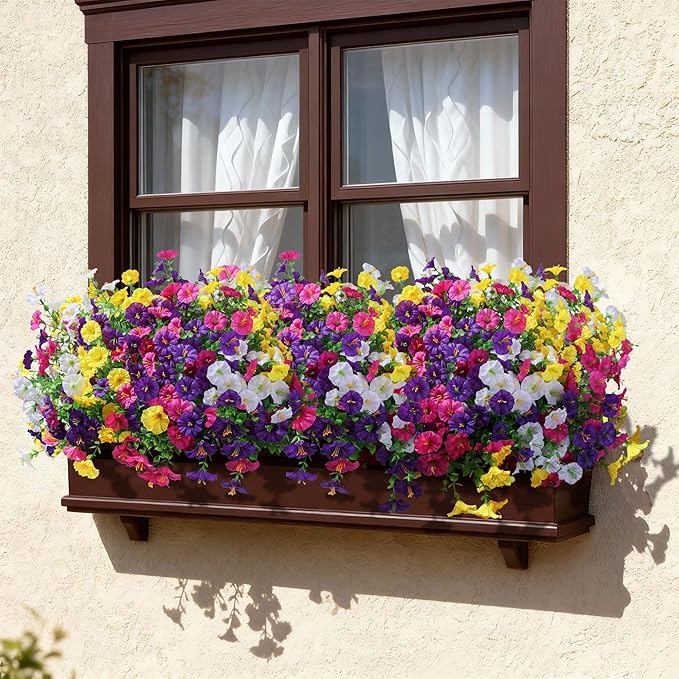 Ivydale 24 Bundles Artificial Flowers for Outdoors Faux Plants Spring Outdoor Decor Faux Silk Morning Glory with Eucalyptus Realistic UV Resistant for Outside Planters Porch Patio Garden Home Decor