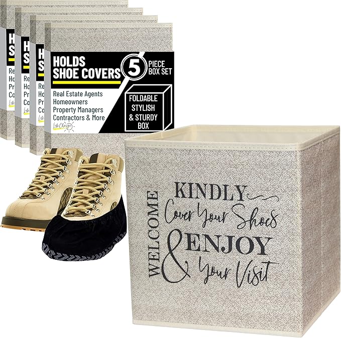 Life Charge Shoe Covers Box - Real Estate Open House Supplies for Realtor Listings. Shoe Cover Holder for Home asks to Please Cover Shoes - Fill with Shoe Booties - Indoor Use | 5 Pack Beige & Black