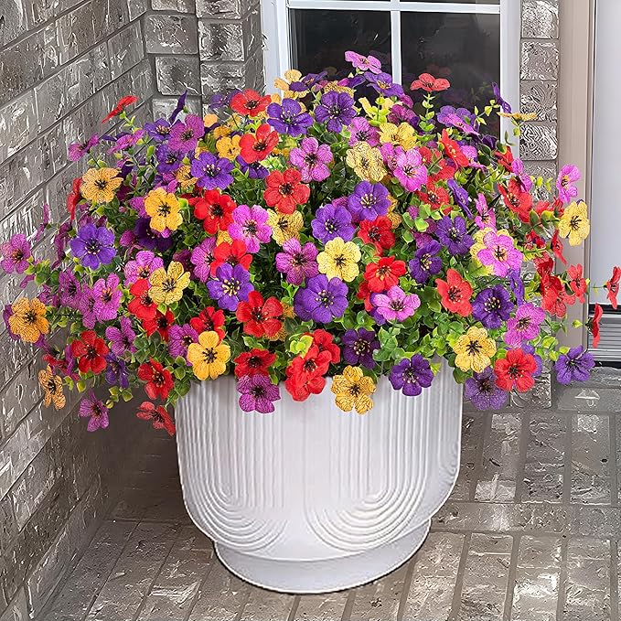 Artificial Flowers for Outdoors Potted Spring Decor, 12 Bundles Fake Summer Daisy with Realistic Eucalyptus Leaves, Faux Plants for Greenery Boxwood Porch Patio Garden Pot Lawn