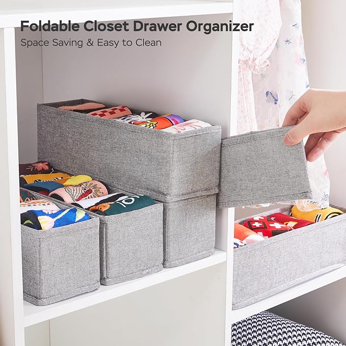 MURRI&MURRDI Mini Foldable Clothes Drawer Organizer 6 Pcs, Narrow Fabric Drawer Organizer for Nursery, Small Dresser Storage Bins for Clothing Sock Underwear Bra Belt Tie Scarves, Gray