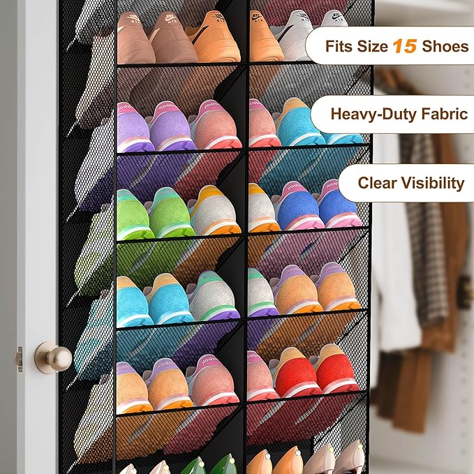 30 Pairs Over the Door Shoe Organizer, Breathable Mesh Pocket Hanging Shoe Storage for Closet, 10-Tier Door Shoes Rack, Handing Shoes Holder Fit All the Family's Sneakers, Boots, Heels, Black