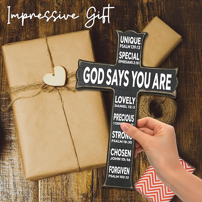 VZVCTFS God Says You Are Wooden Cross - 6.5x10 Inch Inspirational Bible Verse Wall Decor for Home Office Kitchen, Christian Scripture Hanging Gift for Easter Christmas（Black）- A06