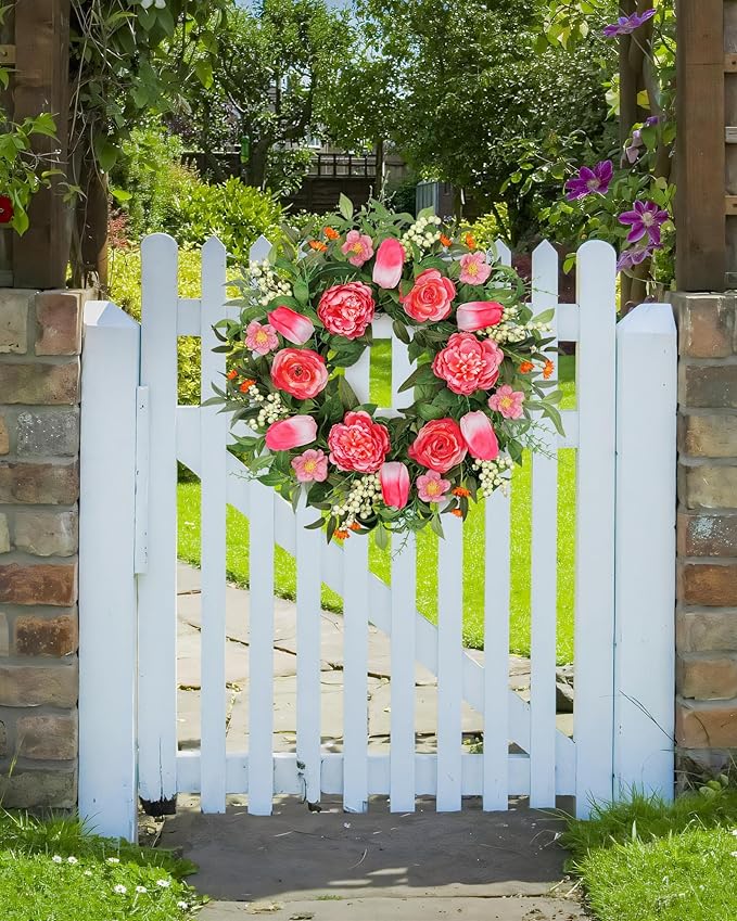 Vlorart 24 Inch Spring Summer Wreath Peony Wreath for Front Door with Pink Tulip, Eucalyptus Leaves, White Berries for Indoor Outdoor Wall Festival Home Farmhouse Wedding Decor