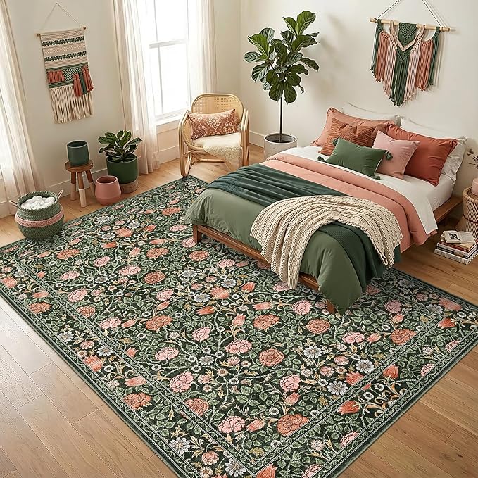 GarveeHome Dark Green Vintage Floral Washable 8x10 Area Rugs for Living Room Boho Botanical Retro Rug Low Pile Stain Resistance Non Slip Carpet for Bedroom Nursery Dining Room