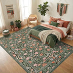 GarveeHome Dark Green Vintage Floral Washable 8x10 Area Rugs for Living Room Boho Botanical Retro Rug Low Pile Stain Resistance Non Slip Carpet for Bedroom Nursery Dining Room