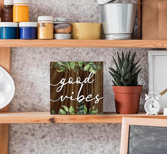 SRADMO Inspirational Green Botanical Eucalyptus Leaves Wood Box Sign Desk Decor, Rustic Eucalyptus Leaves Wooden Block Box Sign Decor for Home Office Shelf Table Decorative Accessories