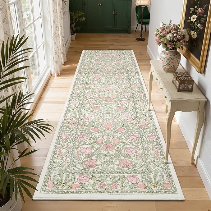GarveeHome Pink and Green Vintage Floral 2x6 Runner Rug Washable Kitchen Rugs Non Slip Boho Long Rug for Hallways Bedroom Entryway Bathroom Mat with Rubber Back Beige