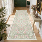 GarveeHome Pink and Green Vintage Floral 2x6 Runner Rug Washable Kitchen Rugs Non Slip Boho Long Rug for Hallways Bedroom Entryway Bathroom Mat with Rubber Back Beige
