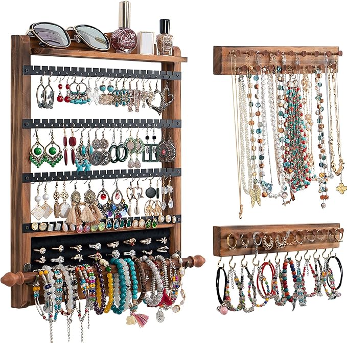 QILICHZ 3Pcs Jewelry Organizers and Storage,Wood Earring Organizer,Hanging Jewelry Organizer,Rustic Wall Jewellery Organizer,Wall Mounted Earring Holder for Storage Display Gift (Brown+Black)