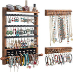 QILICHZ 3Pcs Jewelry Organizers and Storage,Wood Earring Organizer,Hanging Jewelry Organizer,Rustic Wall Jewellery Organizer,Wall Mounted Earring Holder for Storage Display Gift (Brown+Black)