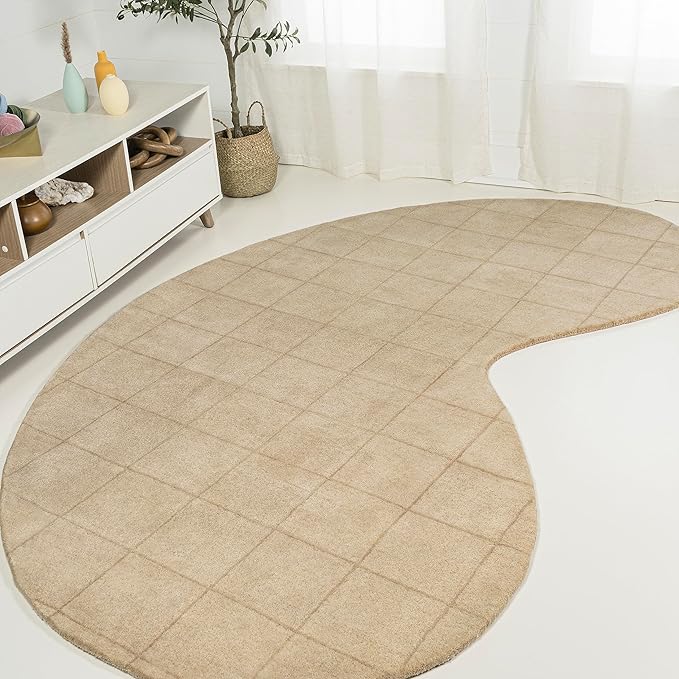 JONATHAN Y Bean Grid Handwoven Wool Beige/Light Brown Shaped Indoor Area Rug, 4x6, Modern, Plaid, Easy-Cleaning for Living Room, Bedroom, Kitchen, Pet Friendly, Non-Shedding (GST104A-4)
