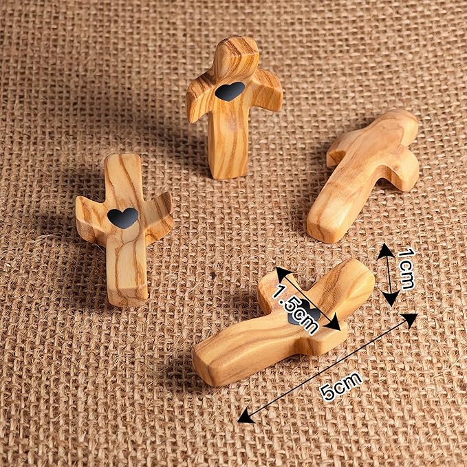 Encouragement Gift Wooden Cross My Heart Fingertip Stress Relief Gifts Small Wood Pocket Cross Handheld (Olive 3pcs)