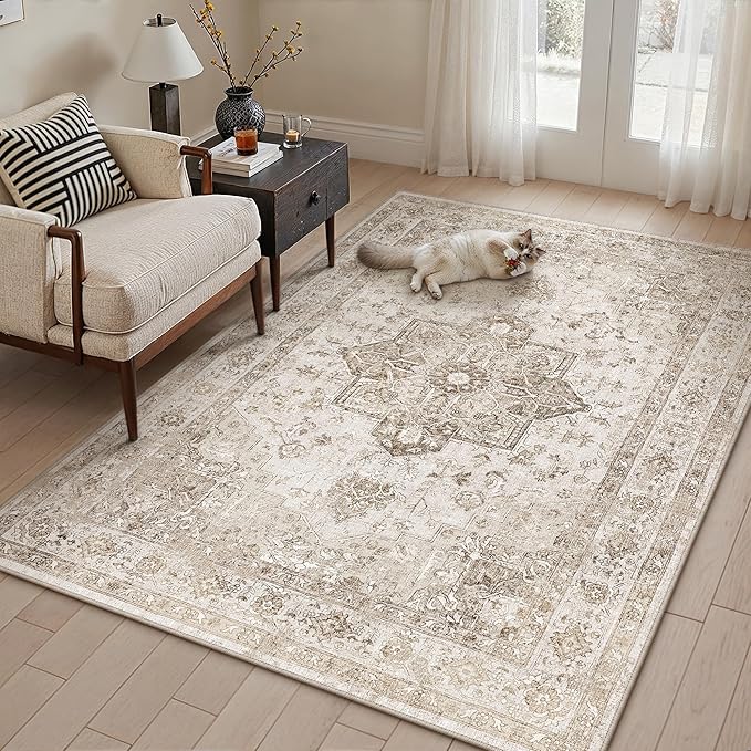 Taupe Area Rug 3x4 Washable Vintage Carpet for Office Kitchen Non Slip Retro Distressed Door Mat Low Pile Soft Oriental Medallion Thin Small Throw Rug Entryway Bedroom Bathroom Dining Room