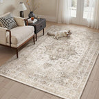 Taupe Area Rug 3x4 Washable Vintage Carpet for Office Kitchen Non Slip Retro Distressed Door Mat Low Pile Soft Oriental Medallion Thin Small Throw Rug Entryway Bedroom Bathroom Dining Room