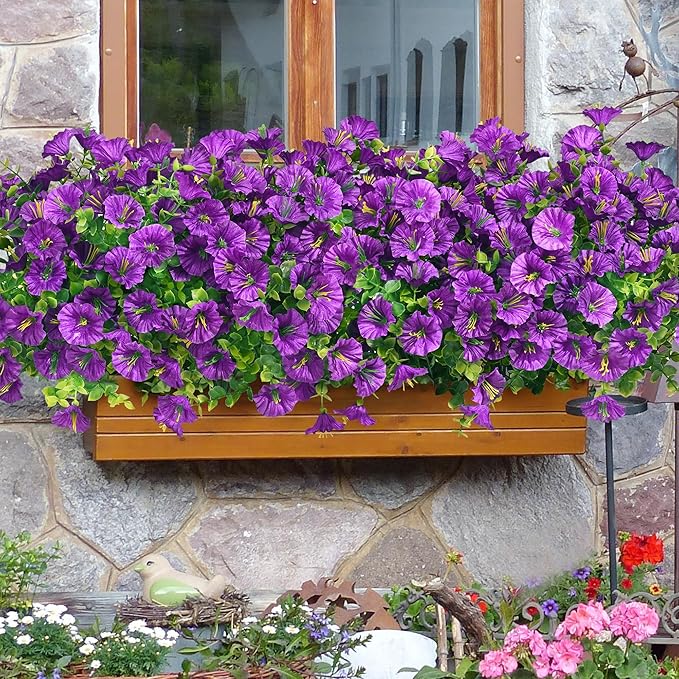 Waipfaru Artificial Flowers for Outdoors, 24 Bundles Faux Plants Outdoor, UV Resistant Artificial Plants Outdoor, Silk Petunias Fake Flowers for Outside Home Decor Planter Porch Decoration, Purple