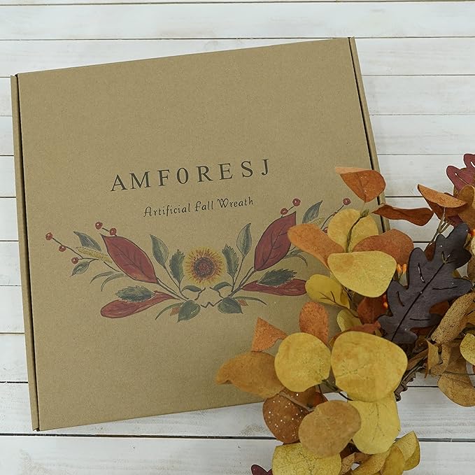 AMF0RESJ Artificial Fall Wreath for Front Door Autumn Eucalyptus Wreath with Orange Eucalyptus Leaves,Woodern Oak Leaves for Farmhouse Indoor Outdoor Window Wall Door Home Decor,Gift Box Included