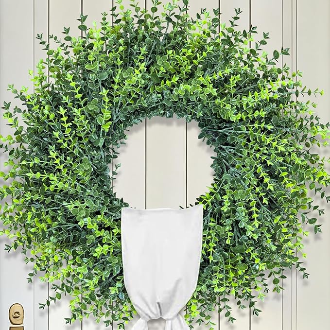 HUZIYAHAN 28In Large Boxwoods Door Wreaths for Front Door Spring Summer Outside All Season Green Year Round Artificial Greenery Wreath for Wall Window Rustic Farmhouse Home Outdoor Indoor Decorations