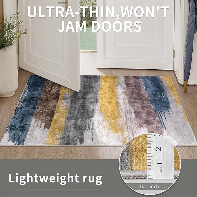 Ciicool 2x6 Washable Runner Rug, Modern Abstract Hallway Rugs Runner, Non-Slip Thin Accent Rug Lightweight Yellow Grey Blue Print Distressed Carpet for Laundry Entryway Bedroom Kitchen Indoor