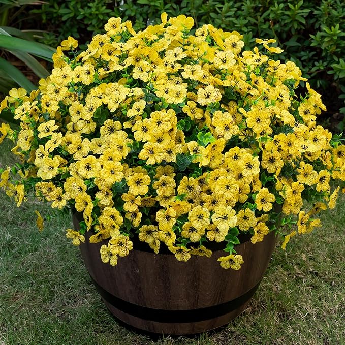 Lnoicy 20 Bundles Artificial Flowers for Outdoor Fake Plants for Spring Decoration,Faux Eucalyptus Flowers for Planter UV Resistant Lifelike for Home Porch Garden（Yellow）