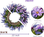 Sggvecsy Lavender Wreath for Front Door 22 Inch - Purple Daisy Spring Summer Artificial Wild Flower Greenery Leaves for All Seasons - Farmhouse Home Wall Indoor Outdoor Window Decor