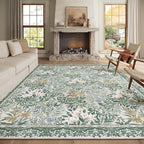 Botanical Floral Area Rug 8x10 Light Green Cream Vintage Garden Design, Perfect for Living Room, Bedroom, Kids Room, Nursery - Stain & Water Resistant Non-Slip, Pet & Child Friendly Area Rugs