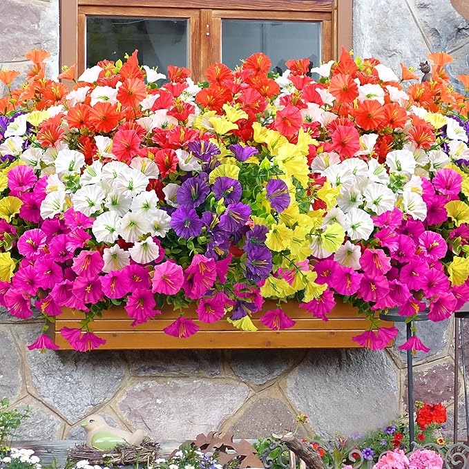 Waipfaru Artificial Flowers for Outdoors, 24 Bundles Faux Plants Outdoor, UV Resistant Artificial Plants Outdoor, Silk Petunias Fake Flowers for Outside Home Decor Planter Porch Decoration, Mix Color