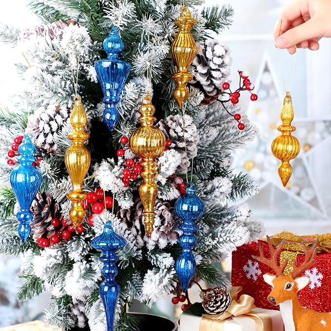 Mifoci 8 Pcs 6 Inch Mercury Glass Finial Christmas Ornaments Hanging Christmas Finials Glass Ornaments Assorted Mercury Decor for Vintage Holiday Xmas Tree Decoration(Blue, Gold)