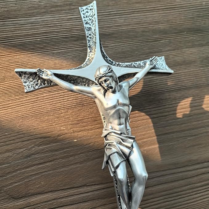ShineOnAngel Crucifix Wall Cross, 12 Inch Silver Color Durable Resin Wall Crucifix Modern Home Decor, Hand Painted Antique Style Jesus Cross for Wall Religious Housewarming Gifts