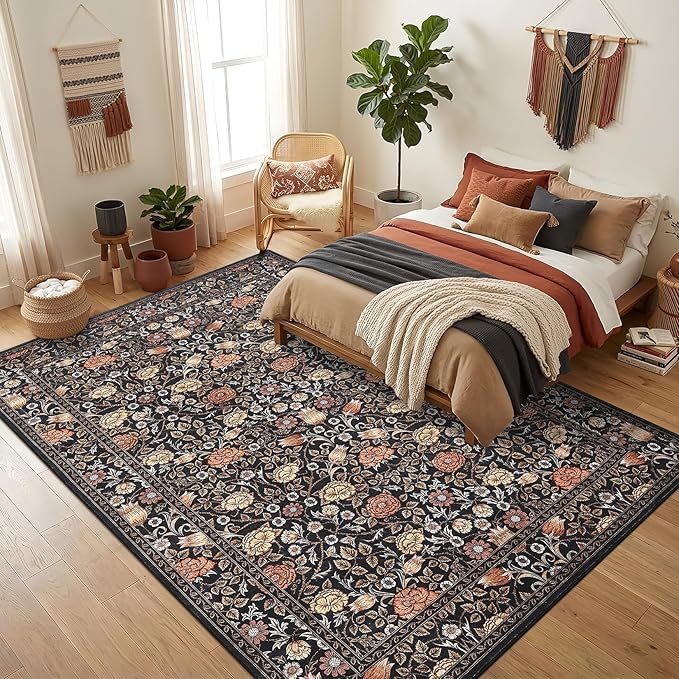 GarveeHome Brown Vintage Floral Washable 6x9 Area Rugs for Living Room Black Boho Botanical Retro Rug Low Pile Non Slip Carpet for Bedroom Nursery Dining Room