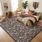 GarveeHome Brown Vintage Floral Washable 8x10 Area Rugs for Living Room Black Boho Botanical Retro Rug Low Pile Stain Resistance Non Slip Carpet for Bedroom Nursery Dining Room