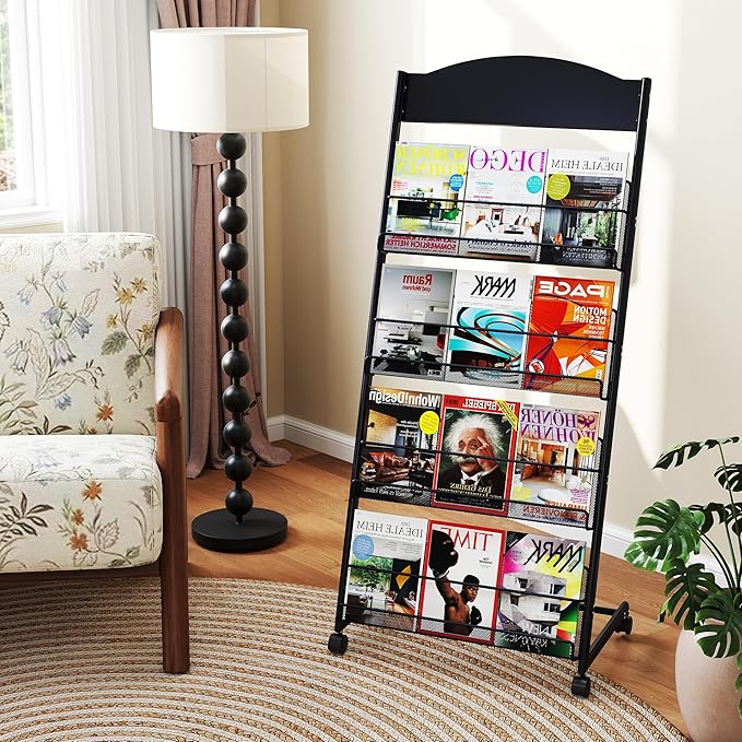 Brochure Display Stand 4 Layer Floor-Standing Magazine Rack Literature Newspaper Catalog Display Holder with Wheels and Top Billboard for Exhibitions,School, Hotel, Hospitals, Offices (Black)