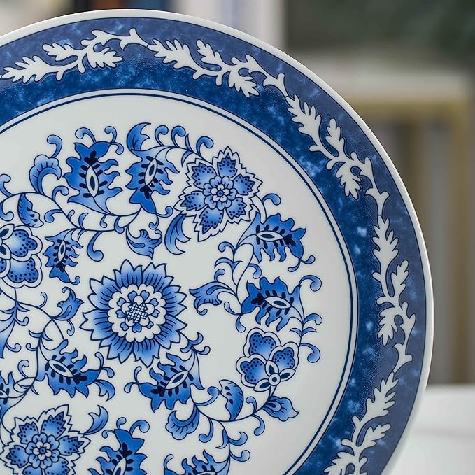 Blue and White Porcelain Decorative Plate of 10.4‘’ 26cm Oriental Floral Pattern Ceramic Ornaments Dessert Plates, 1 Plate with 1 Display Stand
