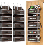 2 Packs 5-Tier Over the Door Storage Organizer with 10 Side Mesh Pockets, 48 lbs Load Capacity, 3 Hooks Design, Hanging Organizer with Clear Windows for Bathroom, Bedroom, Nursery, Kitchen-Brown