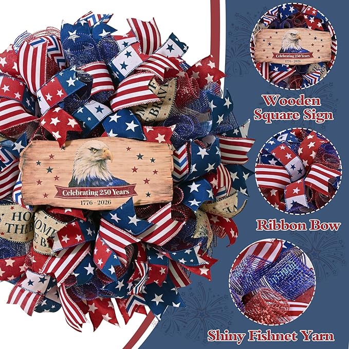250th Anniversary Patriotic Wreath, 4th of July Wreaths for Front Door with Wooden Eagle Door Sign & Red White Blue Ribbon for Independence Day Memorial Day Patriotic Decorations(18In, 1Pcs)