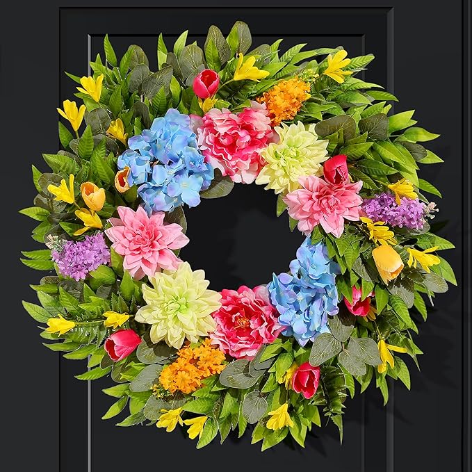 18 Inch Spring Wreaths for Front Door with Dahlias, Hydrangeas, Peonies, Eucalyptus - Artificial Spring Summer Front Door Wreath for Farmhouse, Porch, Window, Wedding, Indoor Outdoor Home Decor