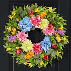18 Inch Spring Wreaths for Front Door with Dahlias, Hydrangeas, Peonies, Eucalyptus - Artificial Spring Summer Front Door Wreath for Farmhouse, Porch, Window, Wedding, Indoor Outdoor Home Decor
