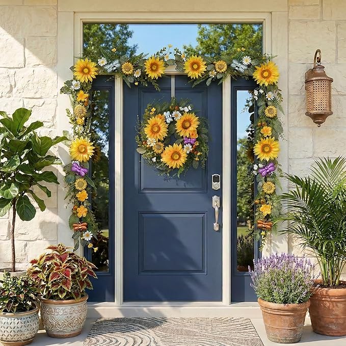 DecorbyHannah Spring Sunflower Summer Wreaths for Front Door Outside All Season, 18 Inch Artificial Flower Door Wreaths with Daisy and Bee, Sunflower Decor for Home Porch, Wedding Housewarming Gifts