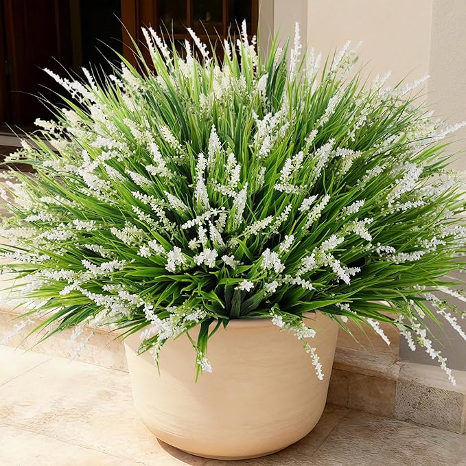 Ivydale Artificial Plants Fake Flowers Monkey Grass for Outdoors,UV Resistant Realistic 20PCS White Faux Greenery Shrubs Outside Decor for Home Garland Porch Patio Balcony Planter Yard Office Pathway
