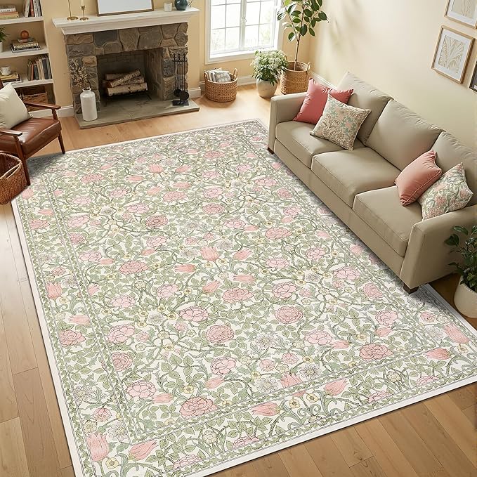GarveeHome Pink and Green Vintage Floral Washable Rugs 8x10 for Living Room Boho Retro Botanical Rug Low Pile Stain Resistance Non Slip Carpet for Bedroom Nursery Dining Room