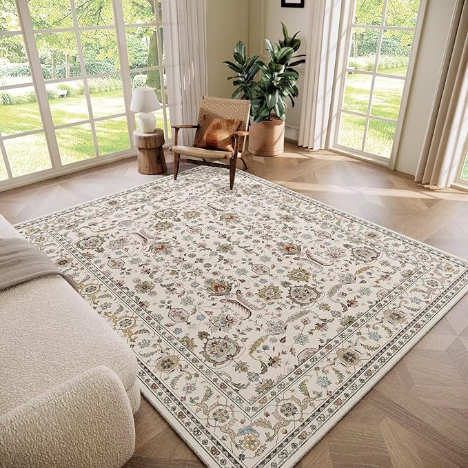 Washable 6x9 Area Rugs for Living Room, Boho Non-Slip Vintage Distress Large Rugs for Bedroom Dining Room Nursery Office, 0.3" Neutral Oriental Throw Thin Carpet, Beige/Rust/Green/Multi