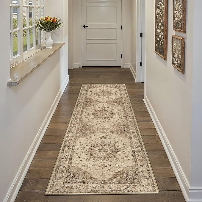 Brown Runner Rug 2x8 Washable Vintage Long Carpet for Hallway Kitchen Soft Retro Low Pile Thin Indoor Runner Non Slip Oriental Medallion Throw Rug for Bathroom Bedroom Laundry Dining Room