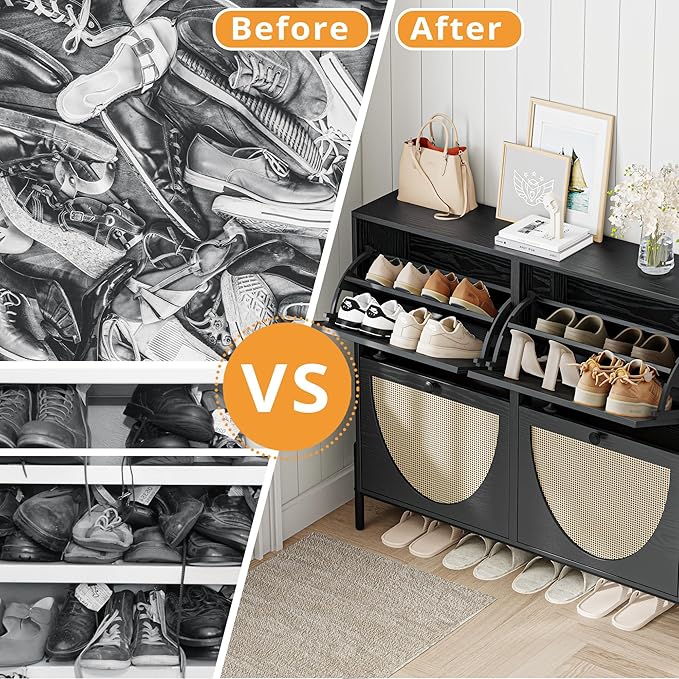 IRONCK Rattan Shoe Cabinet Storage with 4 Flip Drawers, Freestanding Shoe Storage Organizer Cabinet for Entryway, Narrow Shoe Rack Cabinet, Matte Black