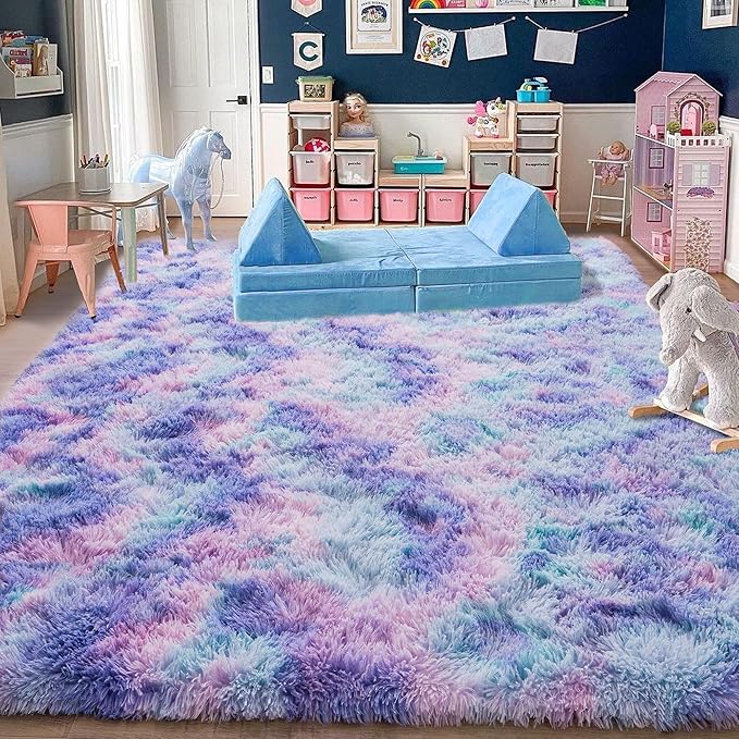 Rugs for Living Room 6x9, Soft Shaggy Modern Shag Area Rug for Bedroom, Upgrade Non-Slip Plush Fluffy Carpet for Kids Boys Girls Room Home Decor Aesthetic, Rainbow Purple