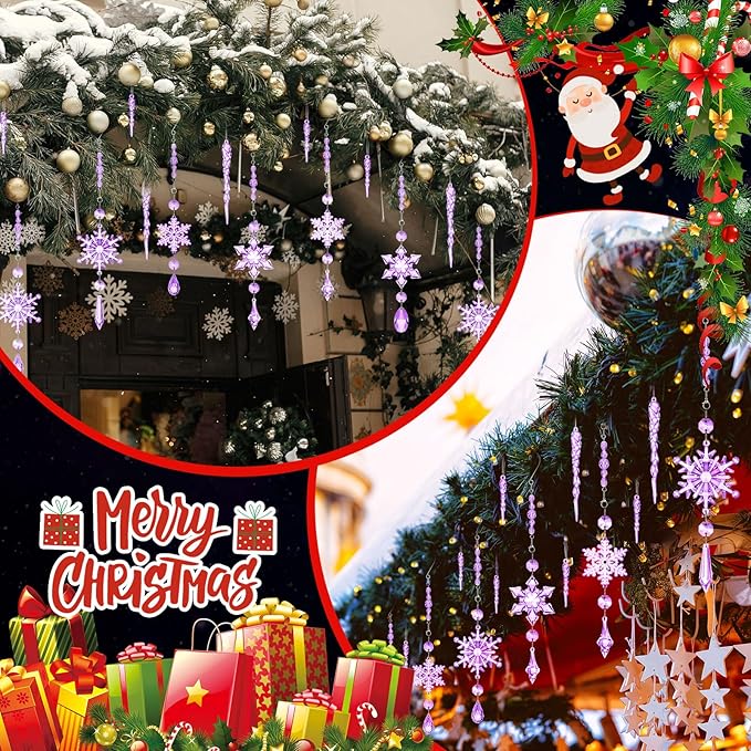 Giegxin 32 Pcs Crystal Christmas Ornaments Crystal Hanging Snowflakes Acrylic Xmas Tree Icicle Drop Decorations with Hooks for Christmas Snow Party Winter(Purple)