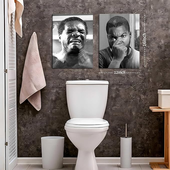 Framed Funny Bathroom Canvas Wall Art Set of 2 - Black and White Vintage Comedy Movies Posters, Funny Toilet Humour Smell Wall Decor Prints for Bathroom Decor 12x16in