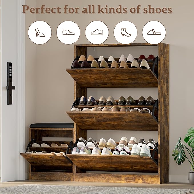 Shoe Cabinet with Bench and 3 Flip Drawers, Slim Narrow Shoe Storage Cabinet, Freestanding Shoe Rack Organizer with Adjustable & Removable Shelves, Anti-Tip for Entryway, Hallway, Foyer