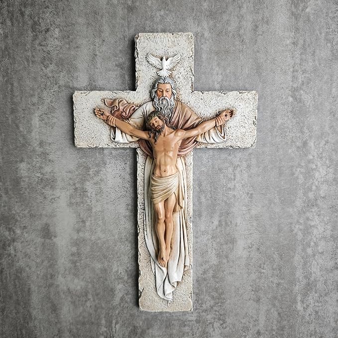 BC Catholic Holy Trinity Crucifix Wall Cross, 9.5" H Jesus Christ Inspirational Home Décor, Catholic Gifts, Religious Wall Sculpture handpainted by Buildclassic