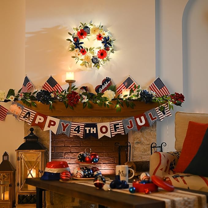 Valery Madelyn 20 Inches 4th of July Wreath for Front Door with Lights, Red White Blue Patriotic Floral Wreath Memorial Day Decorations with Ball Ornaments for USA 250th Anniversary Summer