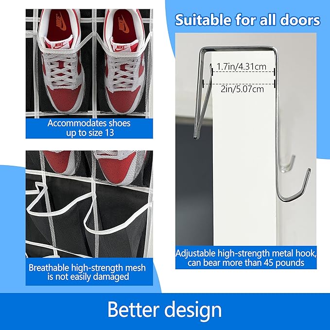 over the door shoe organizer,2025 upgraded,shoe organizer,35 Huge pockets,over door shoe organizer,Store size 13 shoes,shoe organizer,Strong material,hooks Suitable for various doors,black/white